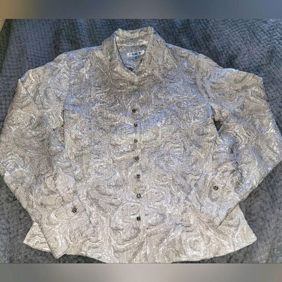 Coldwater Creek Shimmering Silver Brocade Button Up Blouse - Picture 1 of 9